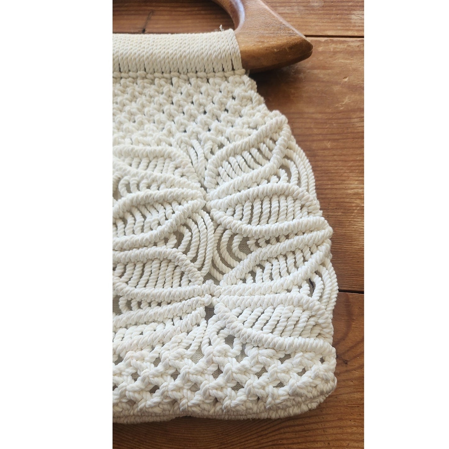 Vintage 70s Macrame Hand Bag Cream White Crochet Purse Wood Handle