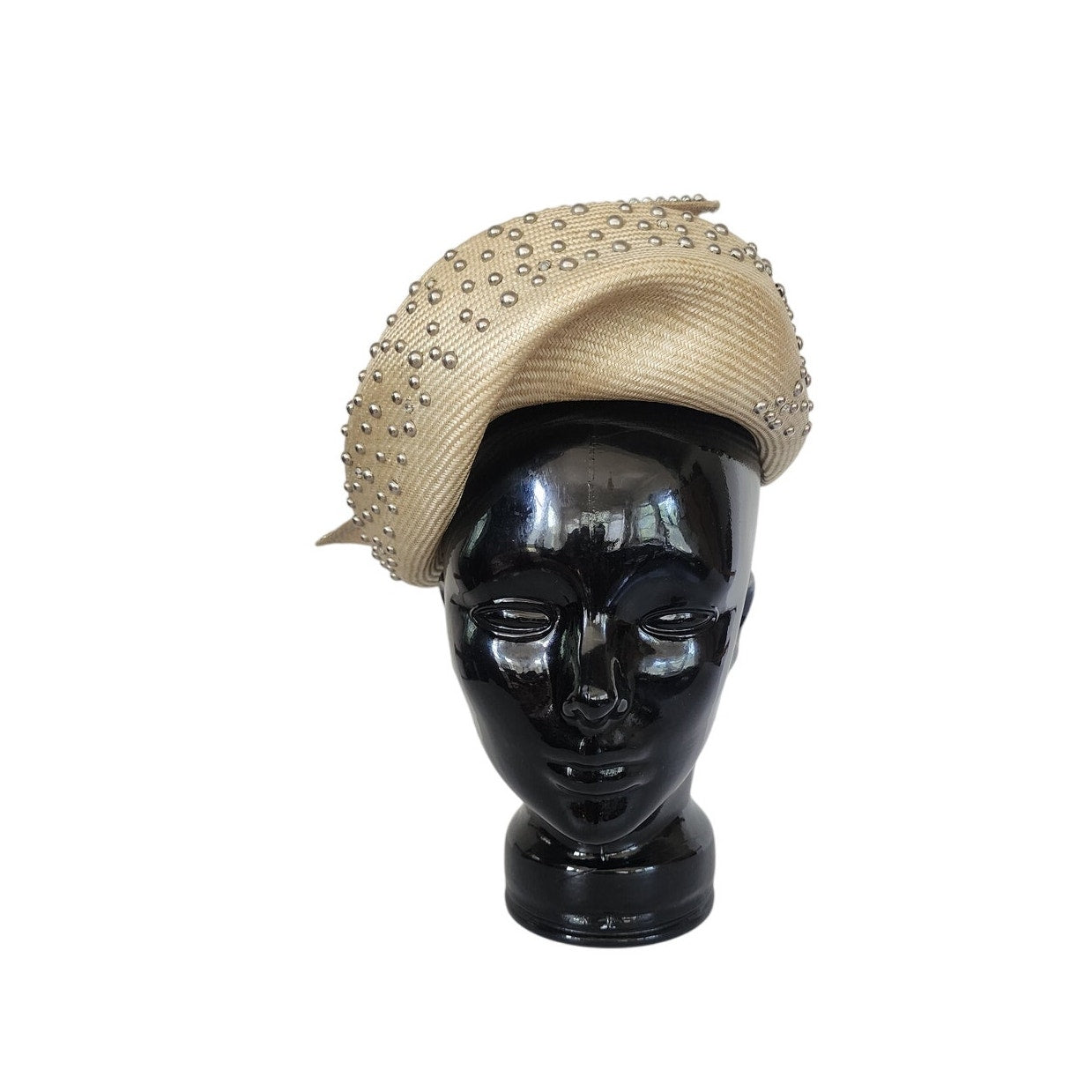 Vintage Jack McConnell Hat Asymmetrical Cream Straw Pearls Studs