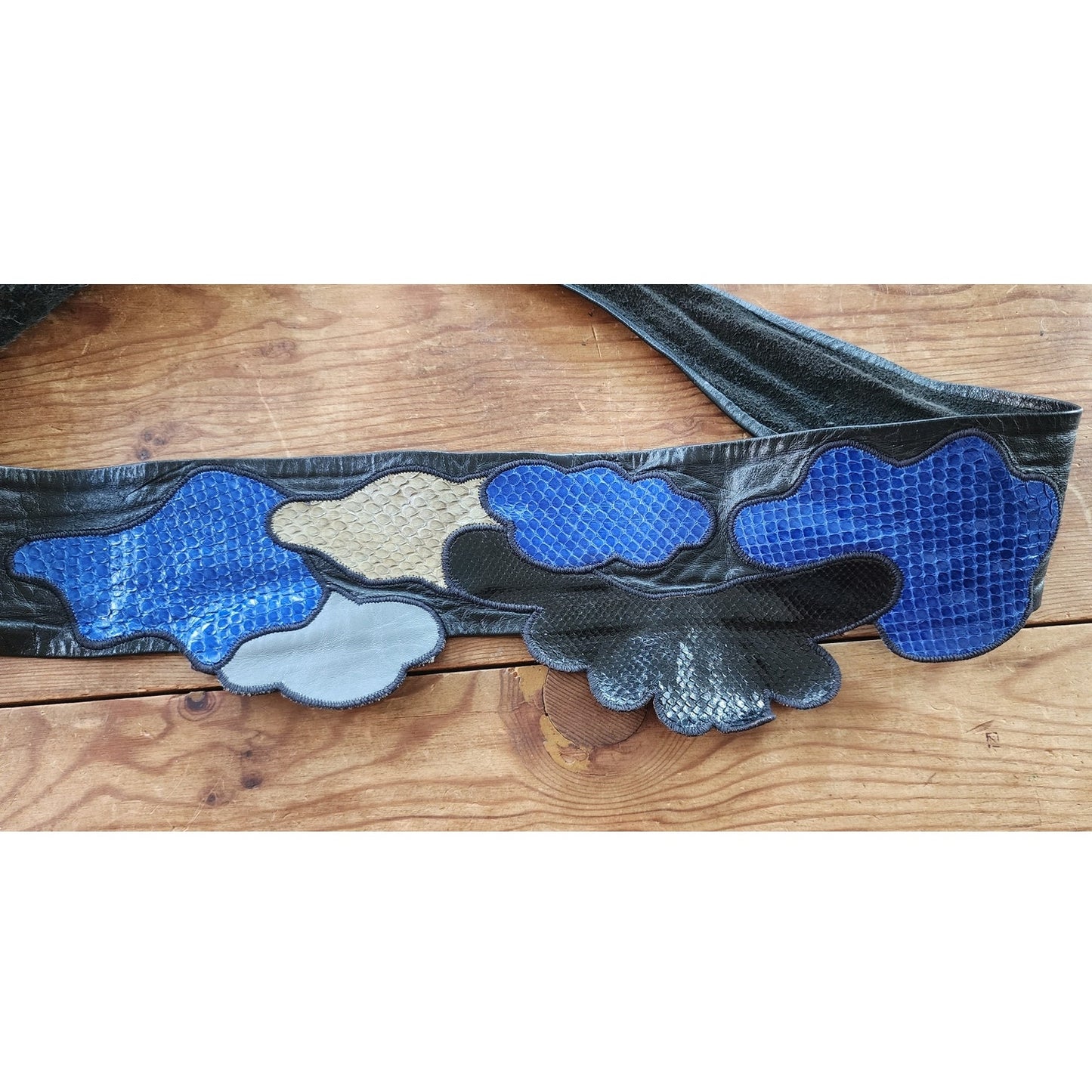 Vintage 80s Belt Snakeskin Leather Blue Beige Black Sash Tie