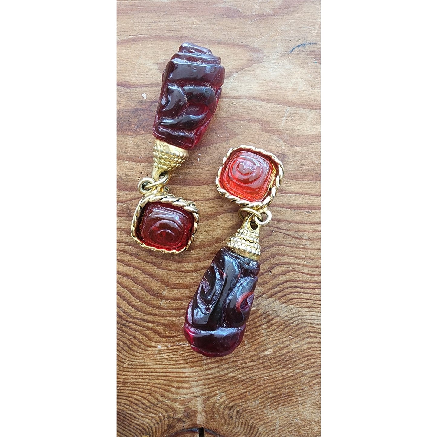 Vintage 80s Dangle Earrings Carved Red Glass Beads & Braided Gold