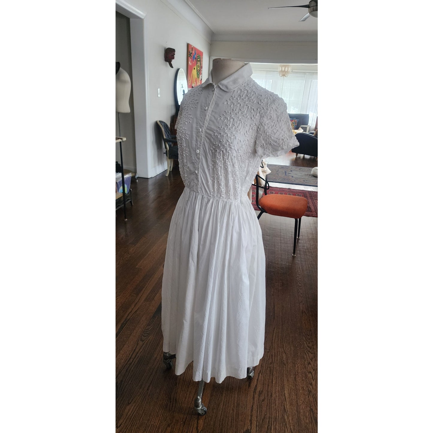 Vintage 50s Shirtdress White Embroidered Cotton Short Sleeve