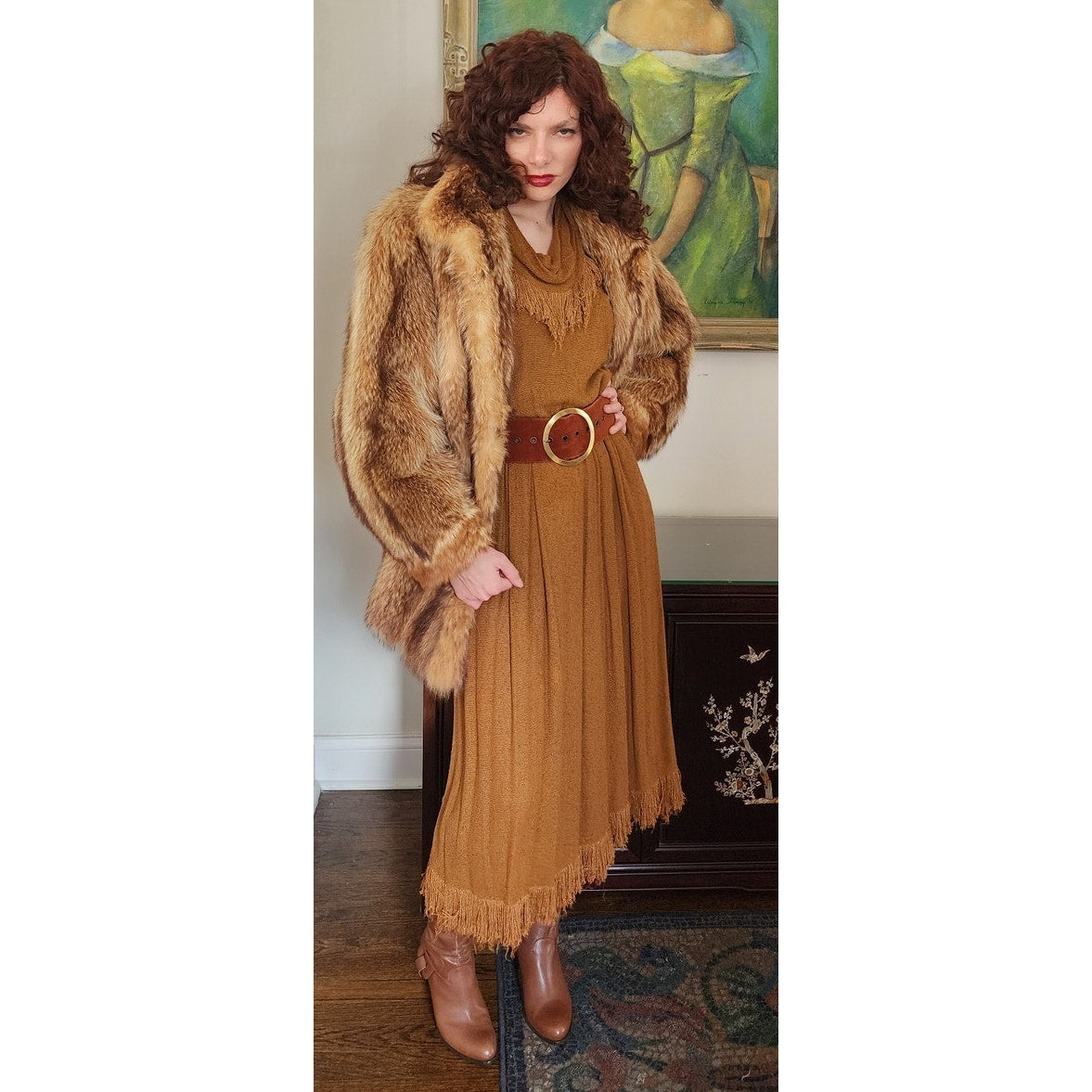 Vintage 70s Fox Fur Coat Hip Length Stripe Pattern / L
