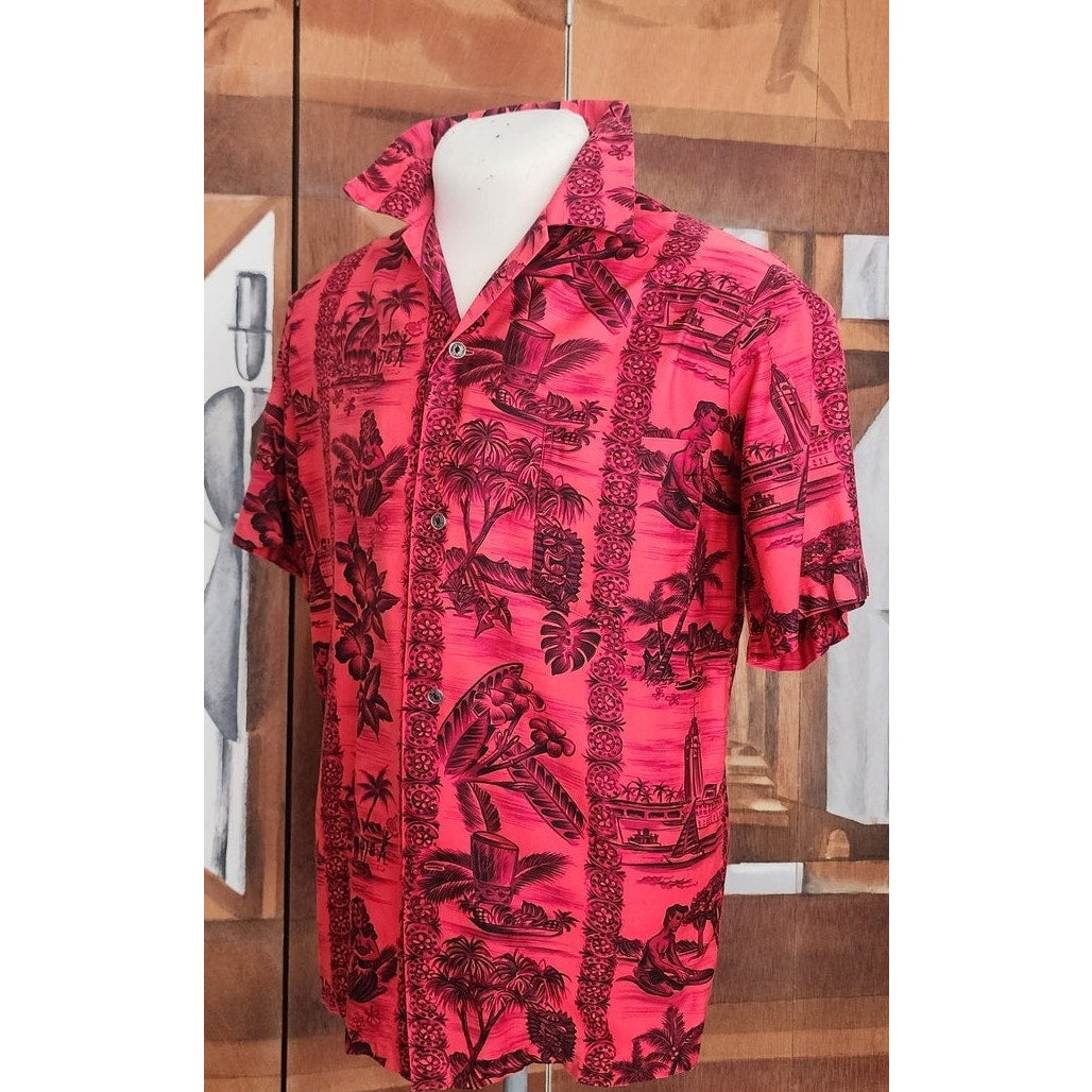 Vintage 60s Men's Red Hawaiian Shirt Surf Scenic Tiki Huts Cotton Short Sleeve
