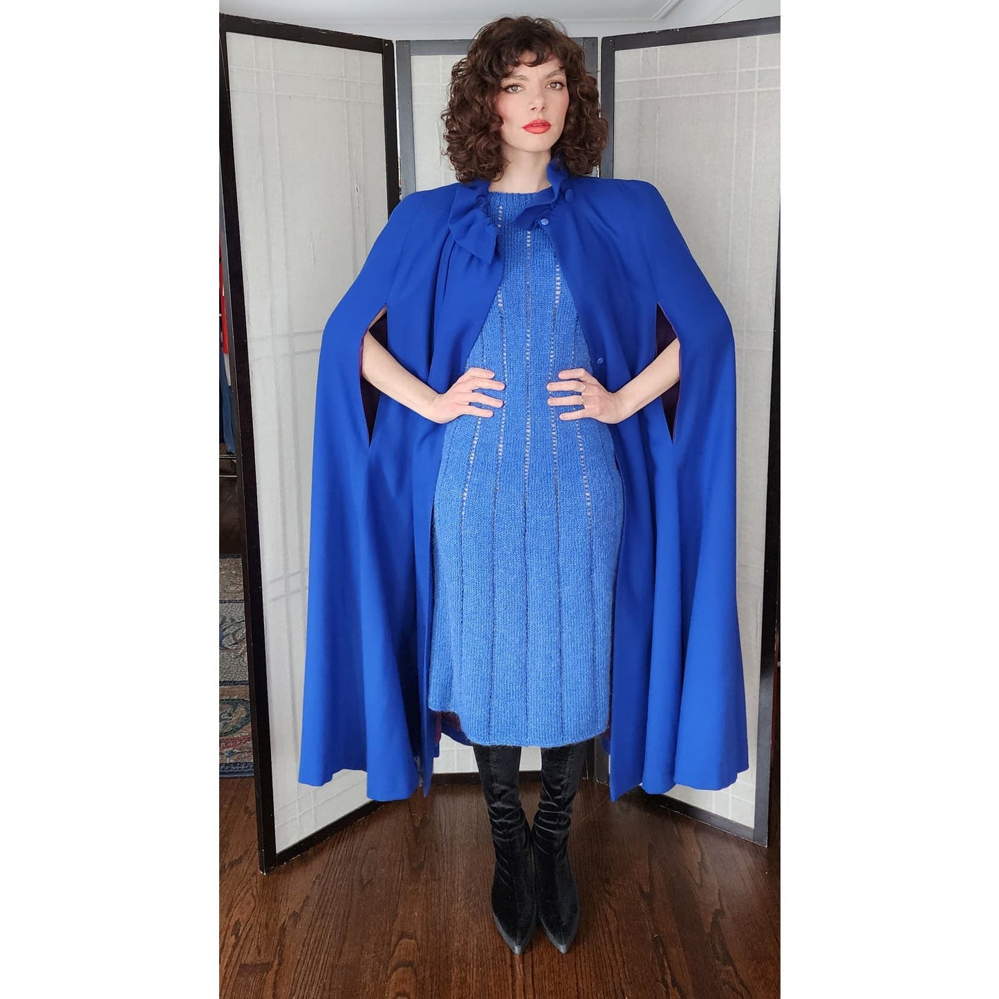 Vintage Blue Wool Cloak 80s Does 40s Large Shoulders