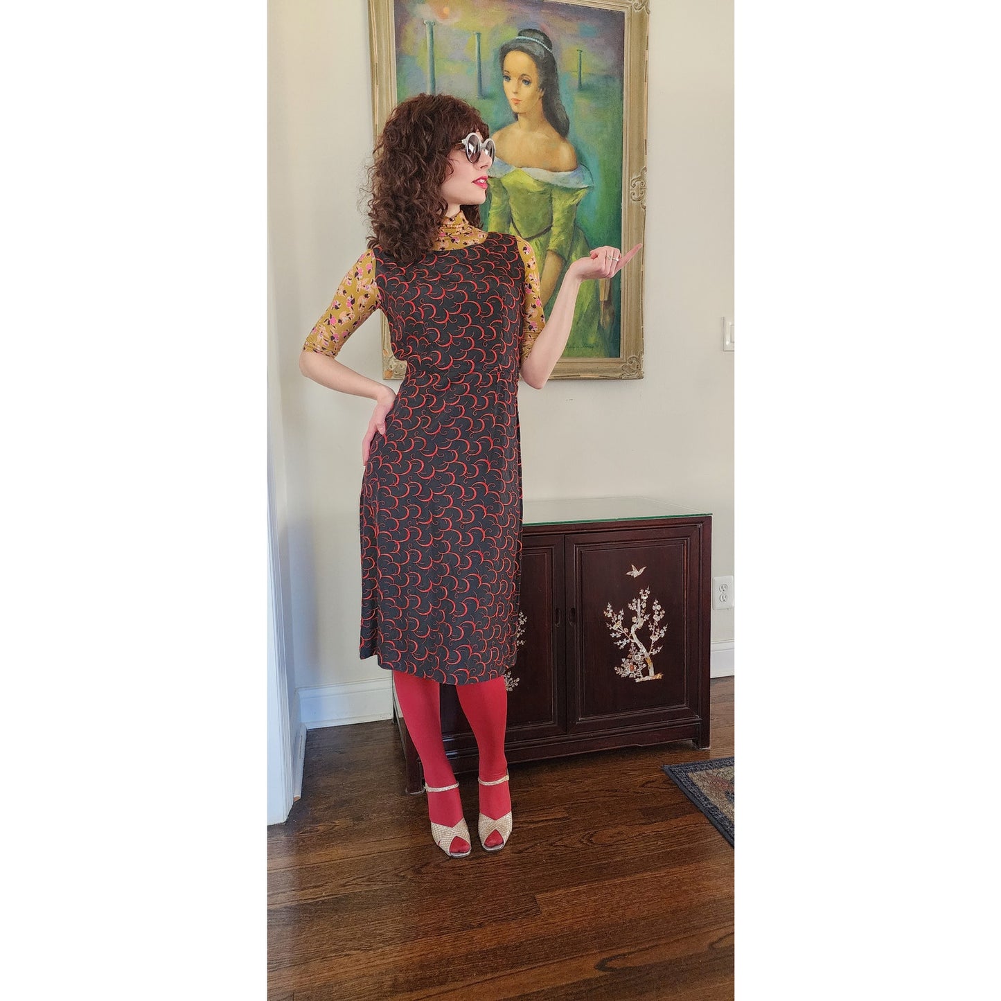 Vintage 1960s Embroidered Dress Red on Black Crescent Moon / Medium