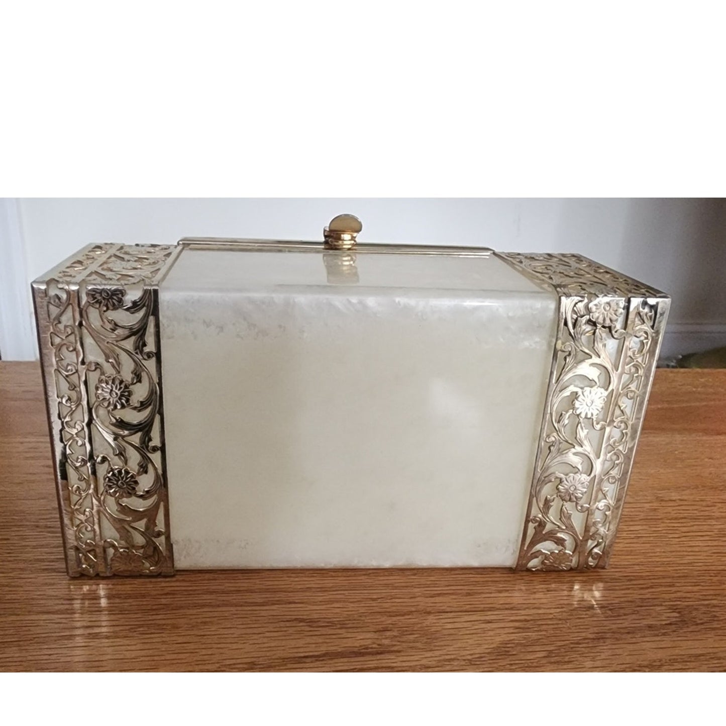 Vintage 50s TYROLEAN NY Lucite Box Bag Pearl White Silver Filigree Art Deco
