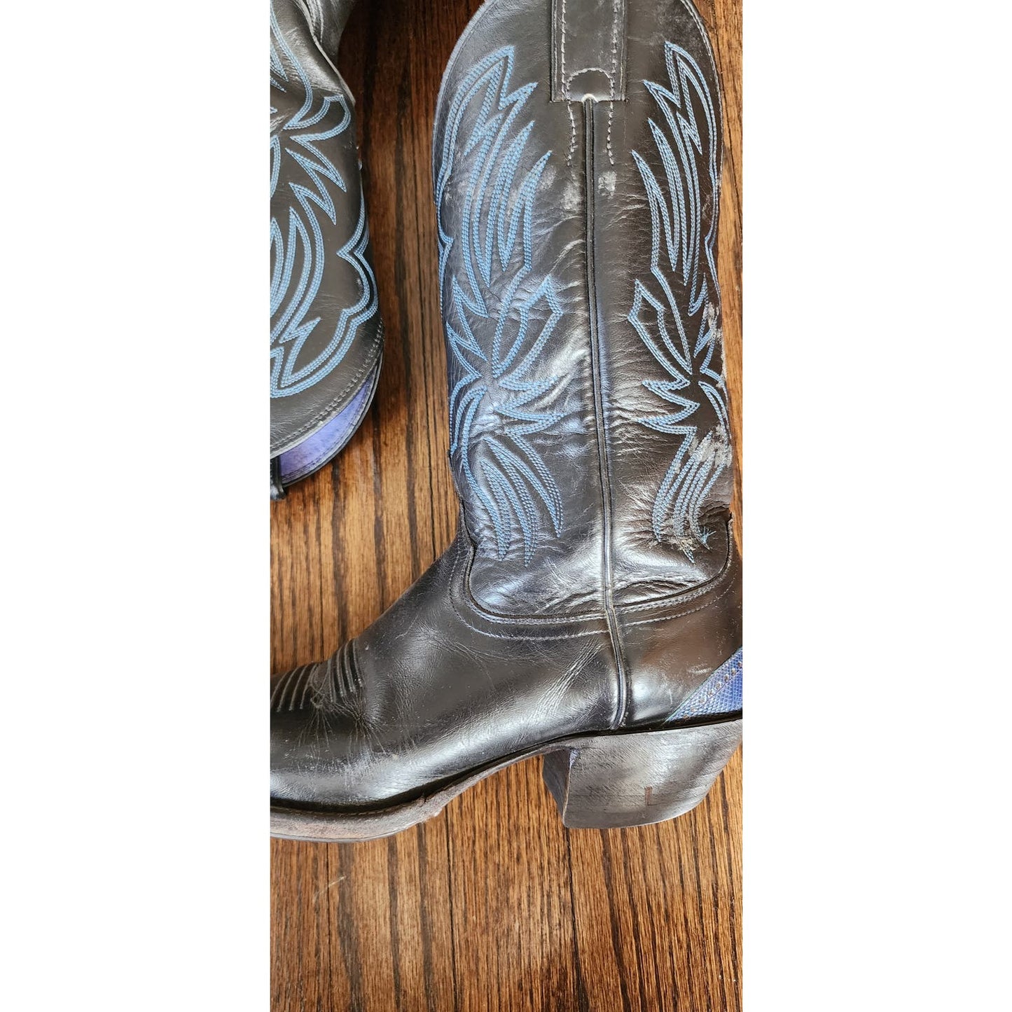 Vintage 70s Ladies Justin Cowboy Boots Blue Snakeskin Tooled Leather 9