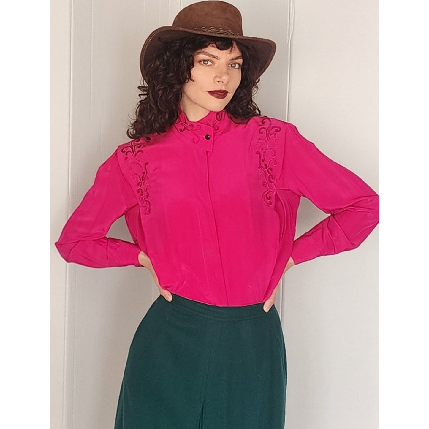 Vintage 80s Fuschia Pink Silk Blouse w/Embroidery Paul Alexander