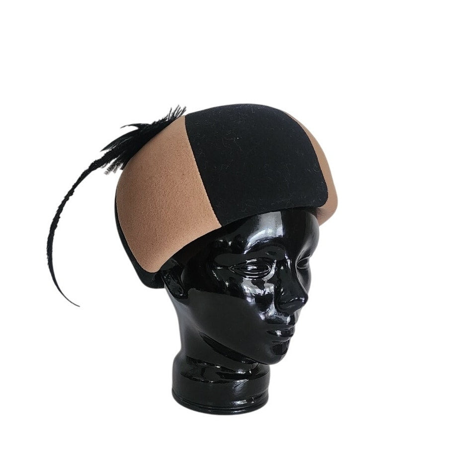 Vintage 60s Mod Bubble Hat Mr John Brown Black Wool felt w/Feather Helmet Style
