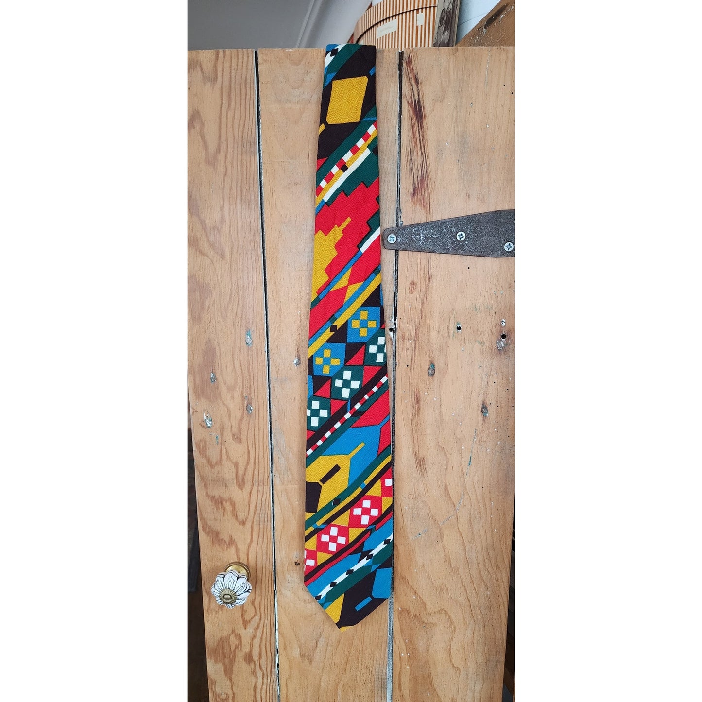 Vintage 60s Mens Tie Colorful Barkcloth MCM Print Geometric