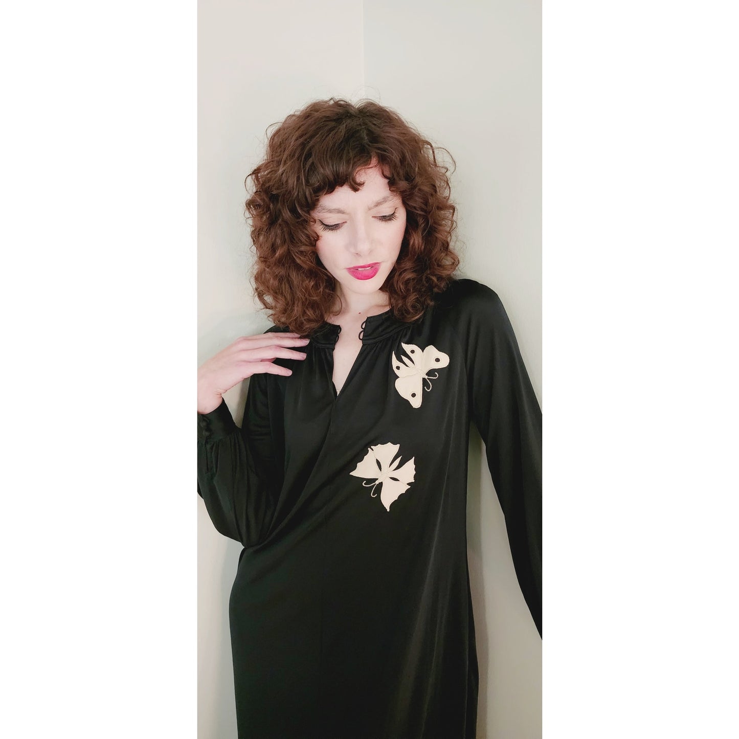 Vintage 70s Black Dress Butterfly Embroidery Ciao Ltd