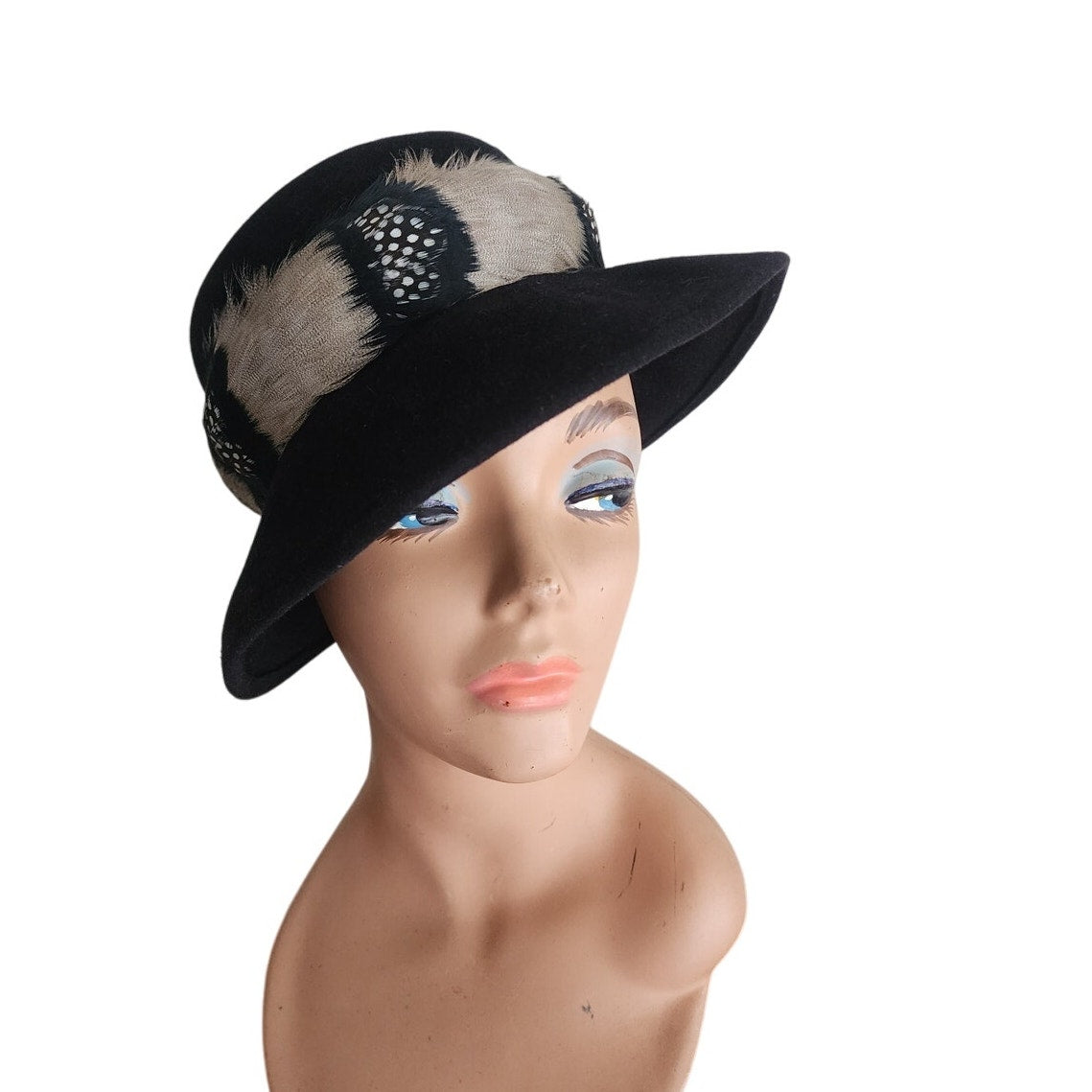 Vintage 60s Ladies Fedora Hat by Gelot Paris Black Felt + Feathers