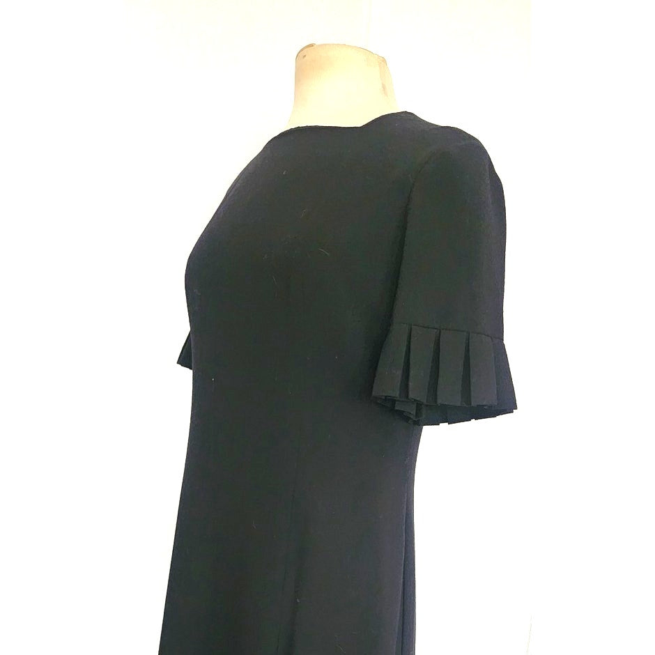 Vintage 1960s Sorelle Fontana Dress Black Rayon Crepe w/Pleated Fringe Italian Designer