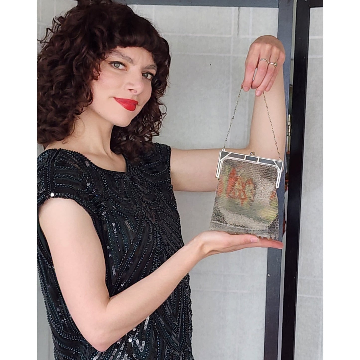 Antique Mesh Chain Purse Whiting Davis Village Scene Enamel Frame