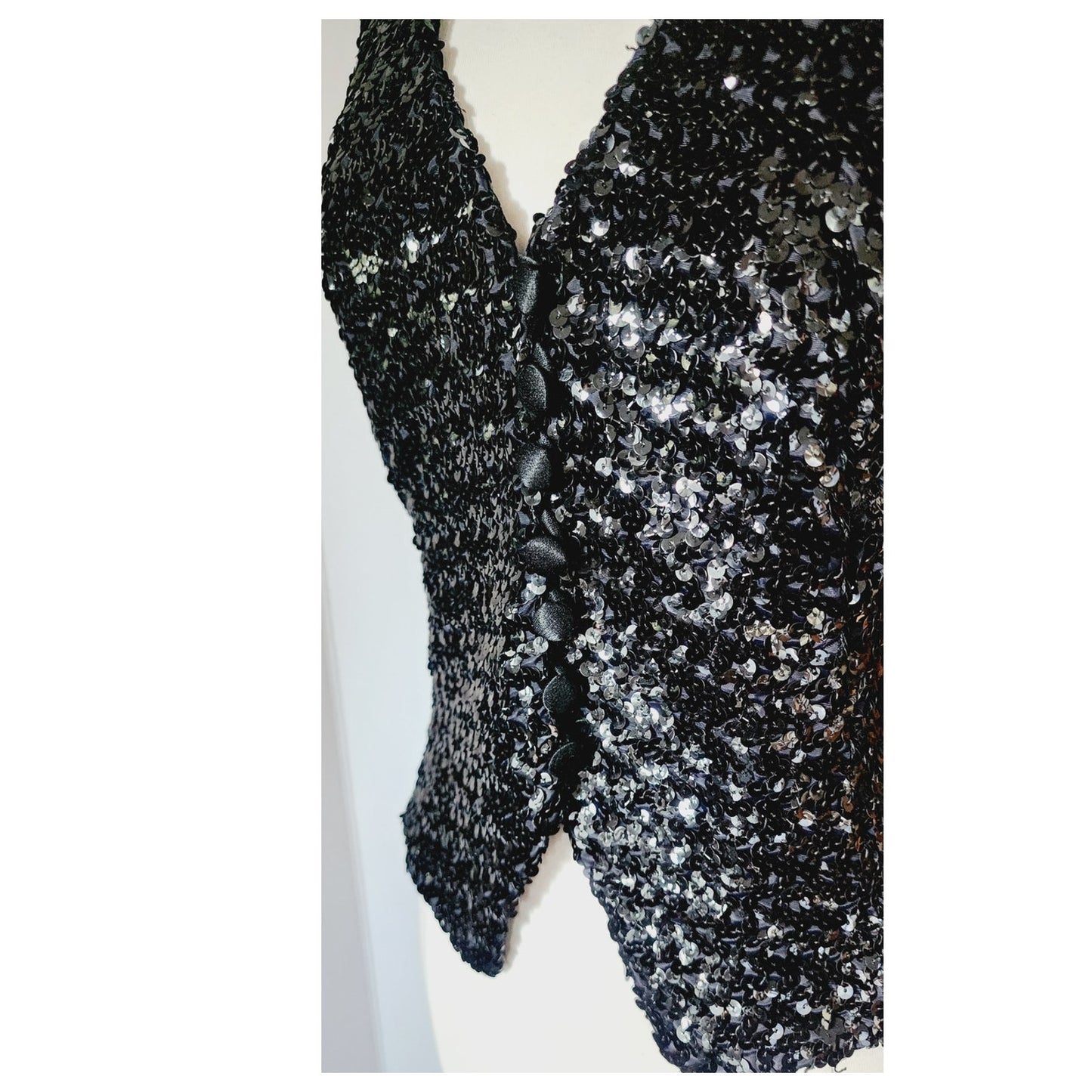 Vintage 70s 80s Halter Top Vest Black Sequins