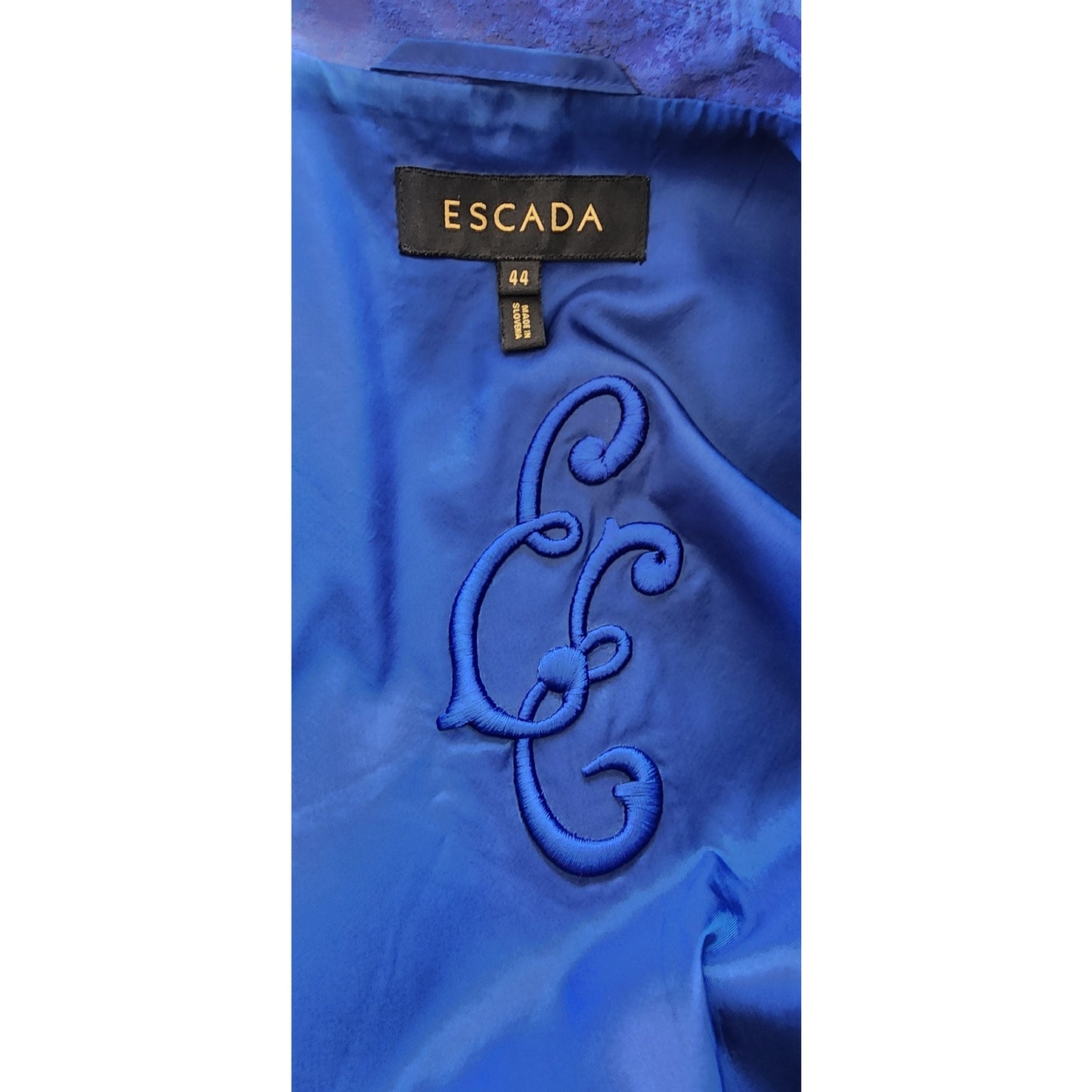 Vintage Escada Blue Blazer Printed Silk w/Agate Stone Button / L