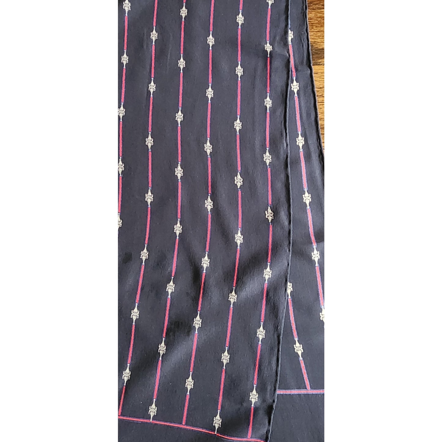 Vintage 1970s Gucci Silk Scarf Navy Blue Horsebit Print Rectangular Fringed