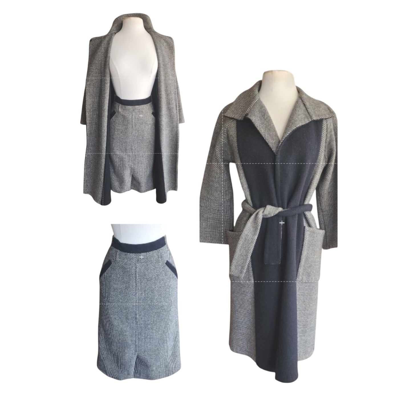 Vintage 90s Wool Coat + Skirt Set in ZigZag Stripe Grey Black / S