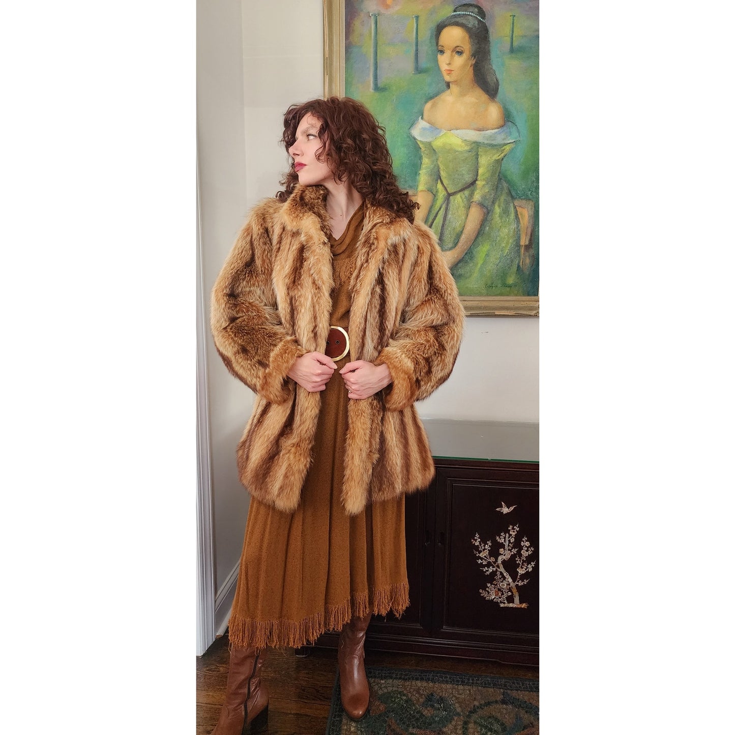 Vintage 70s Fox Fur Coat Hip Length Stripe Pattern / L