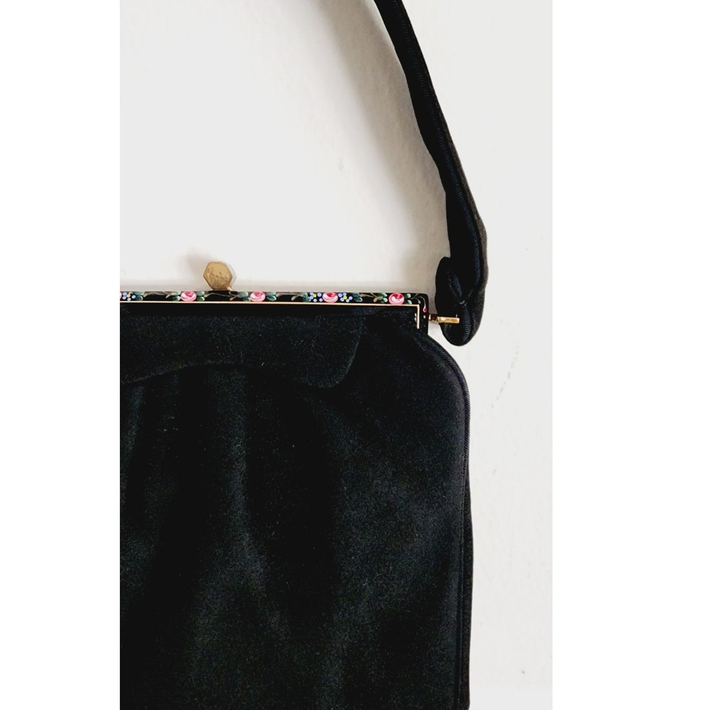 Vintage 40s Rosenfeld Handbag Black Brushed Suede Floral Enamel Frame
