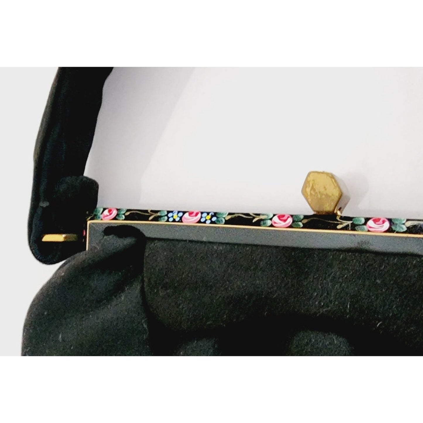 Vintage 40s Rosenfeld Handbag Black Brushed Suede Floral Enamel Frame