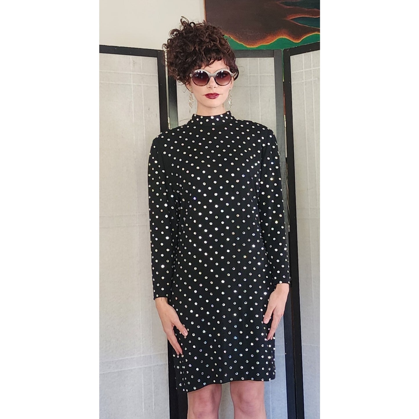 Vintage 80s Rhinestone Beaded Dress Black Long Sleeves by Richilene / M
