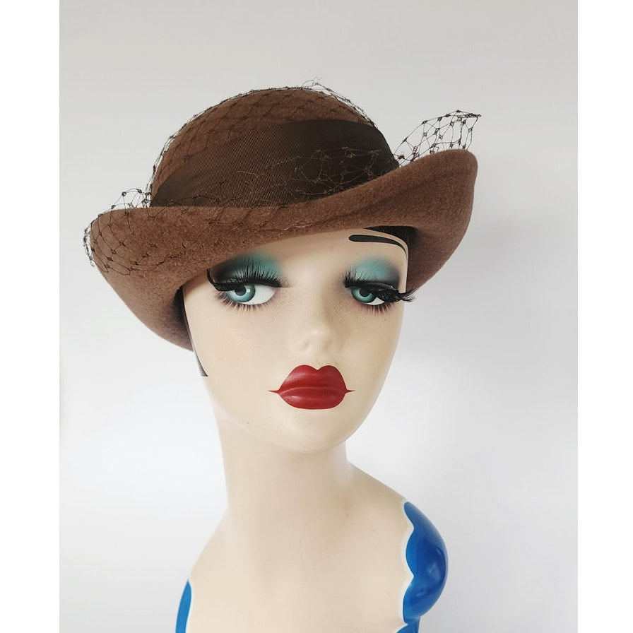 Vintage 1980s Ladies Bowler Hat Brown Wool w/Veil & Bow Betmar