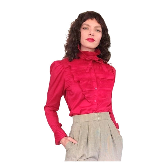 Vintage 80s Fuschia Blouse Ruffled Front Shirt 1 Park Ave