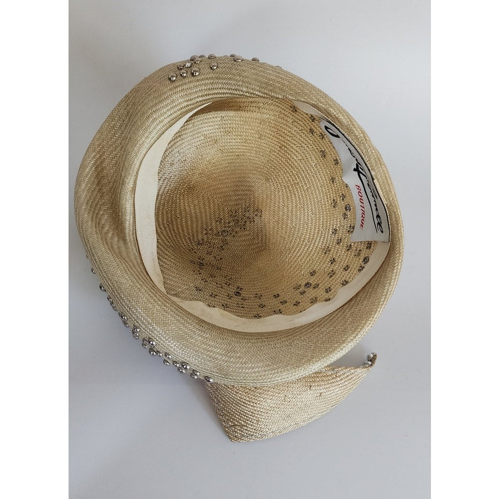 Vintage Jack McConnell Hat Asymmetrical Cream Straw Pearls Studs