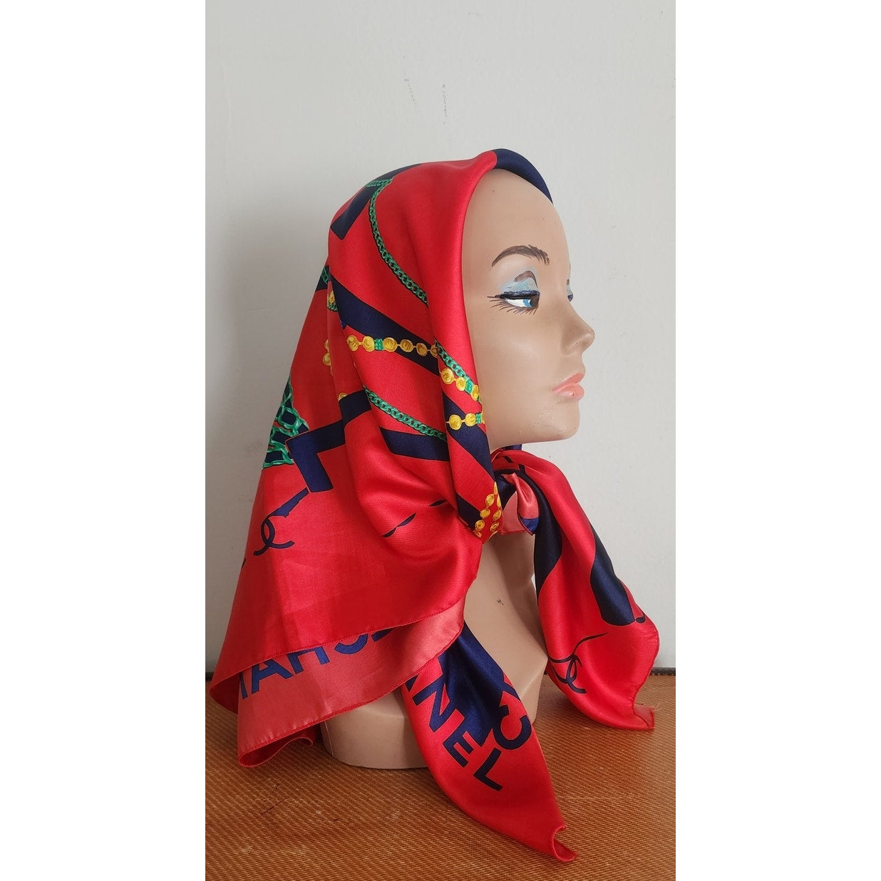 Vintage 90s Chanel Signature "Coco Portrait with Jewelry" Silk Scarf
