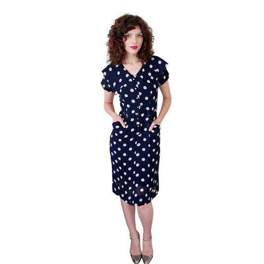 Vintage 40s Rayon Print Dress Navy Blue Polkadot  S