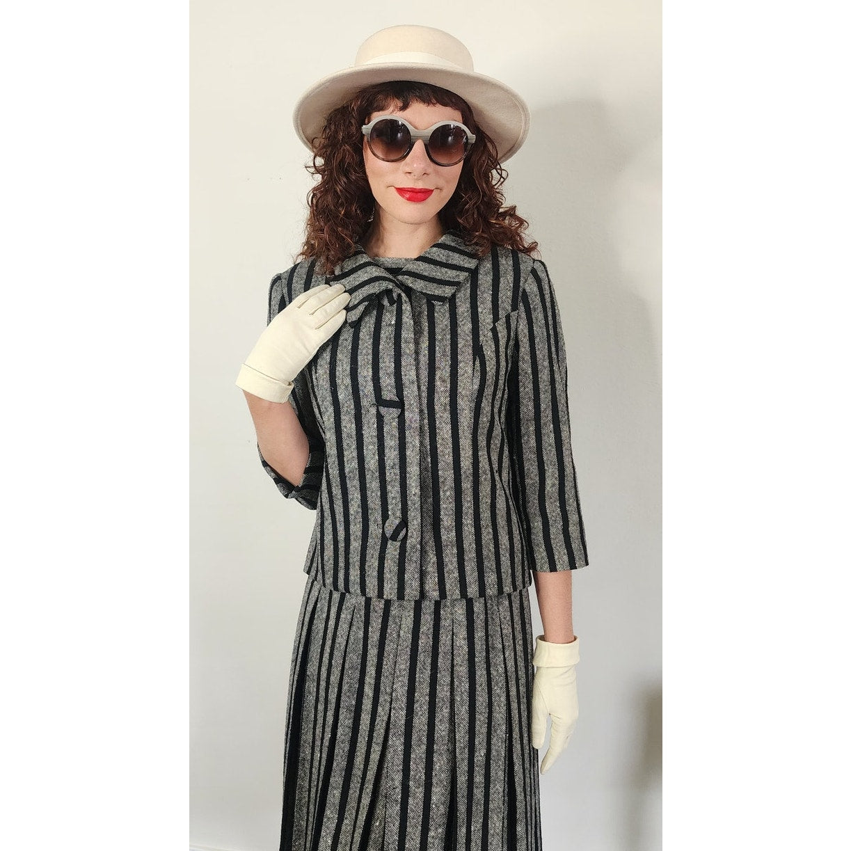 Vintage 1960s Sybil Connolly Skirt Suit Gray Black Striped Wool / Small
