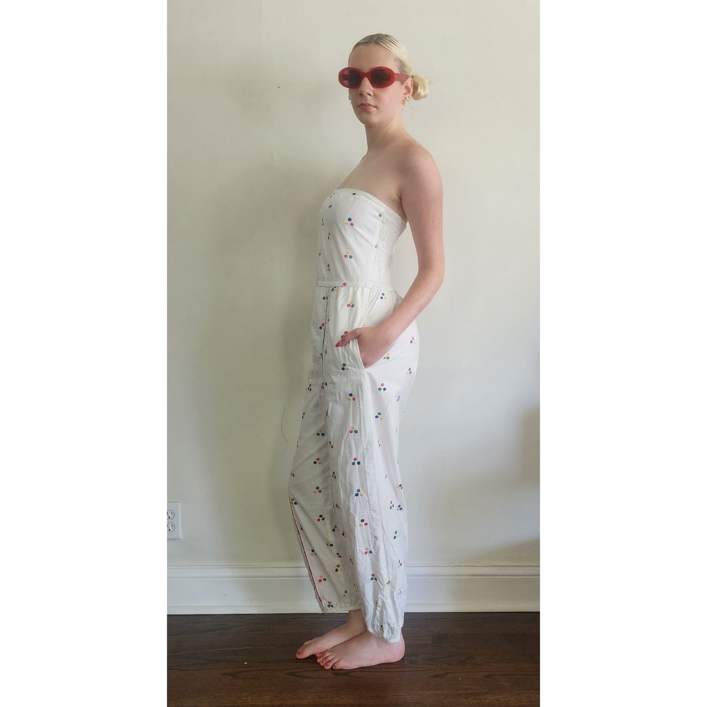 Vintage 1980s Jumpsuit White Cotton Polkadot Print Patti Cappalli / S to M