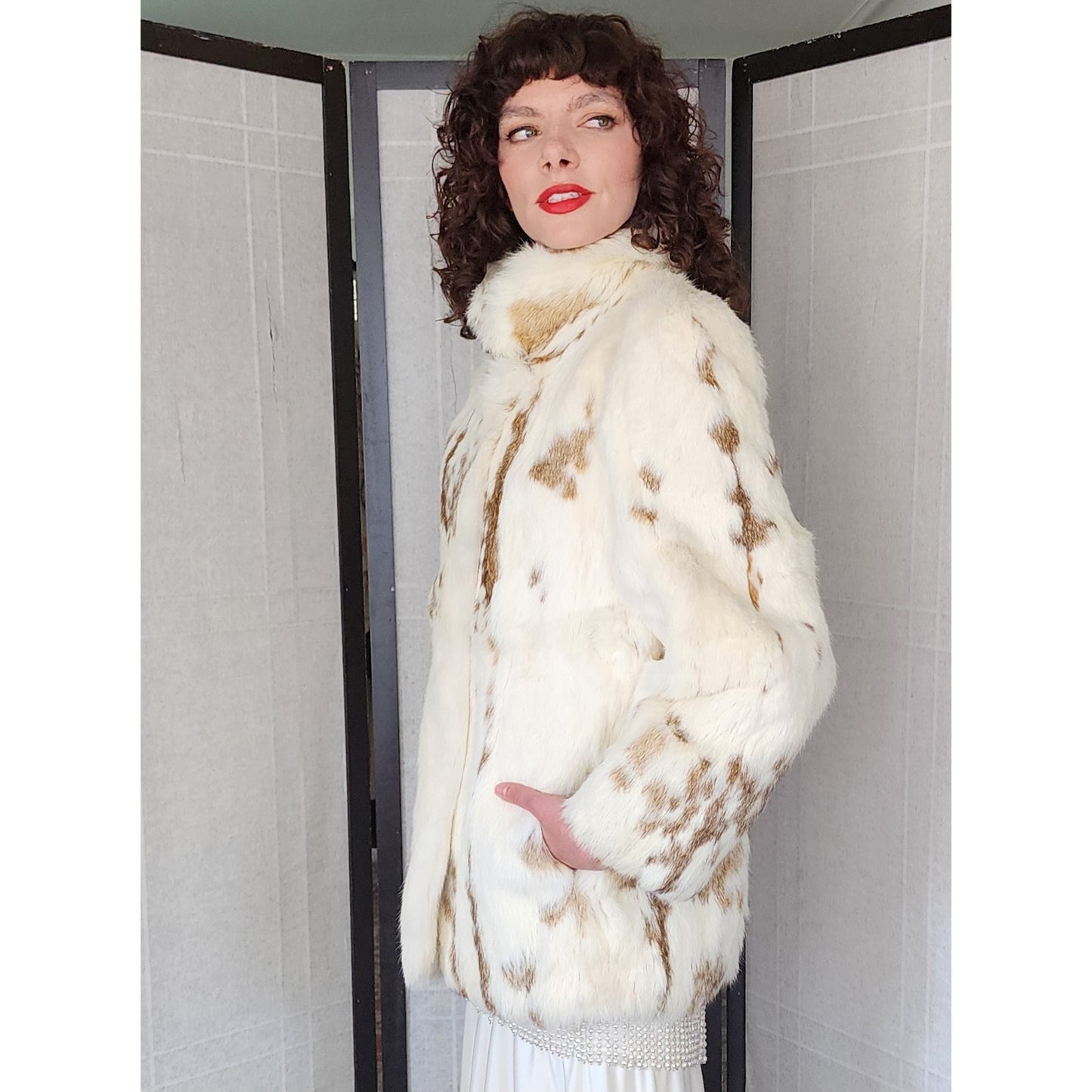 Vintage 70s Rabbit Fur Jacket White Brown Mottled Pattern