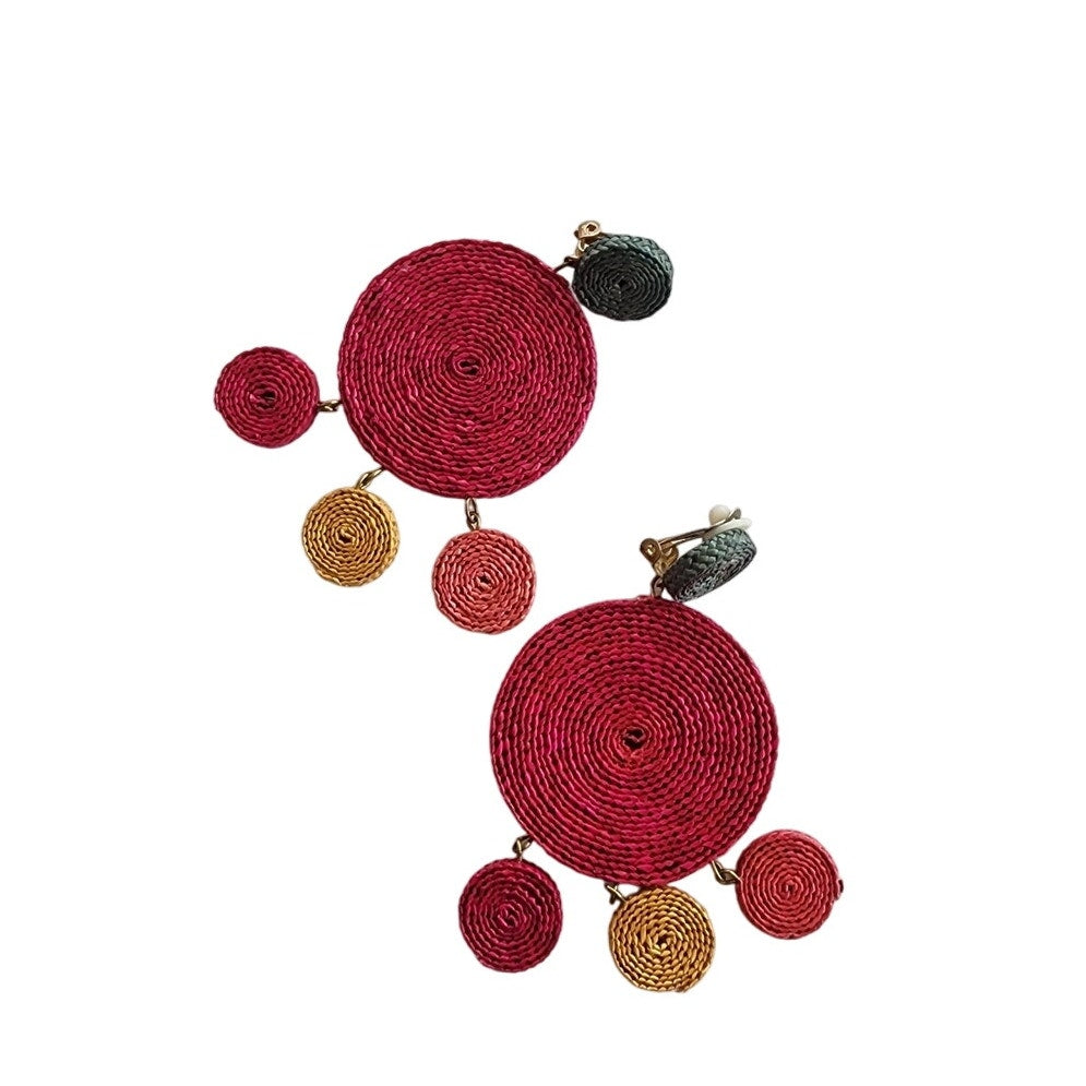 Vintage 80s Dangly Earrings Raffia Weave Colorful Clip-Ons