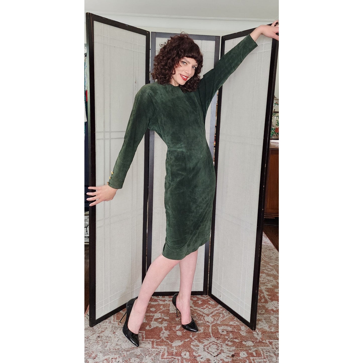 Vintage 80s Green Suede Dress Gold Button Back Firenze