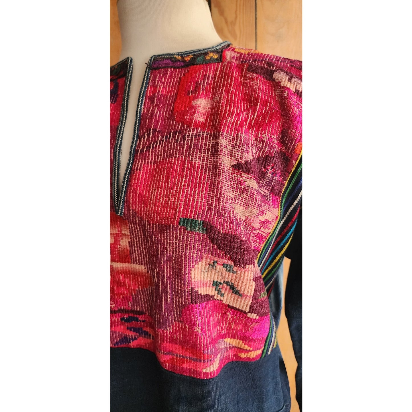 Vintage 70s Guatemalan Tunic Top Indigo Denim Needlepoint Embroidery Folk Shirt