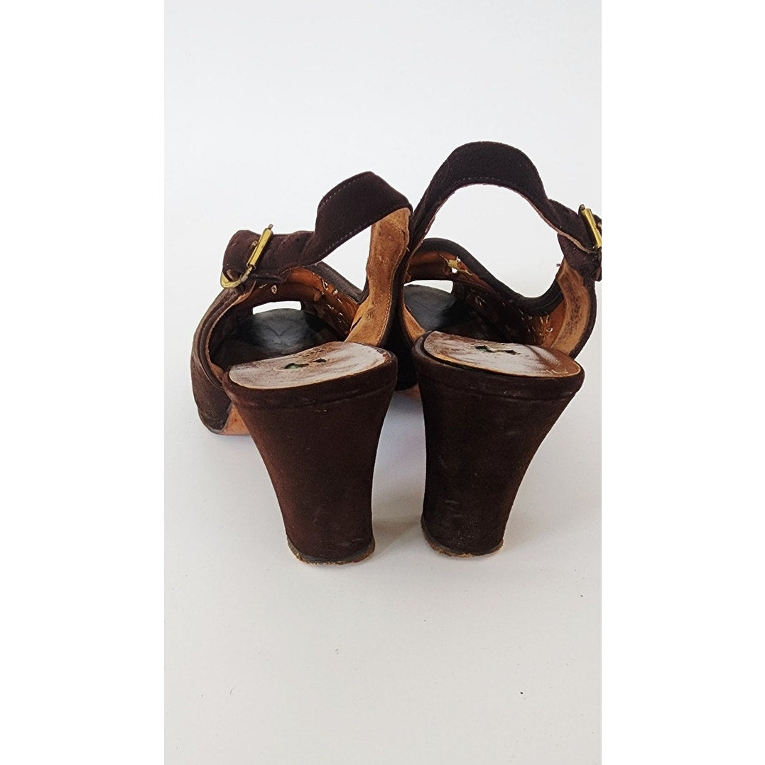 Vintage 1940s Brown Suede Shoes by Peacock Slingbacks Heels Cut Out Peep Toe 6.5