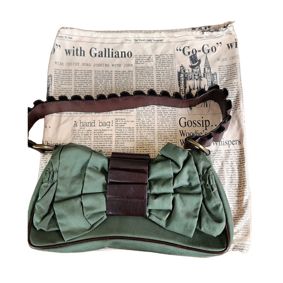 Vintage John Galliano Bag Green Fabric & Brown Leather w/ Bow Design