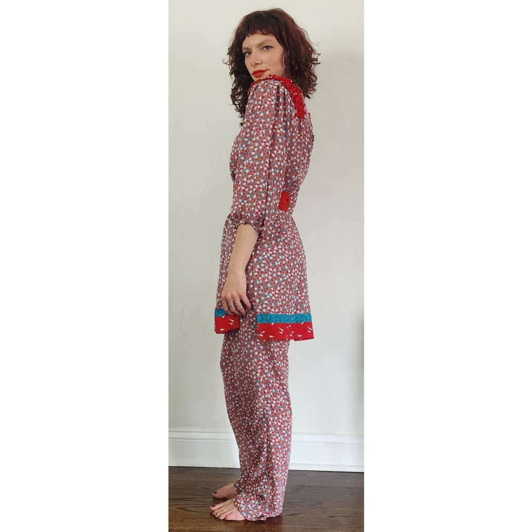 Vintage 1980s Lachine Tunic + Pants Set Polyester Georgette Red Graphic Print / Medium