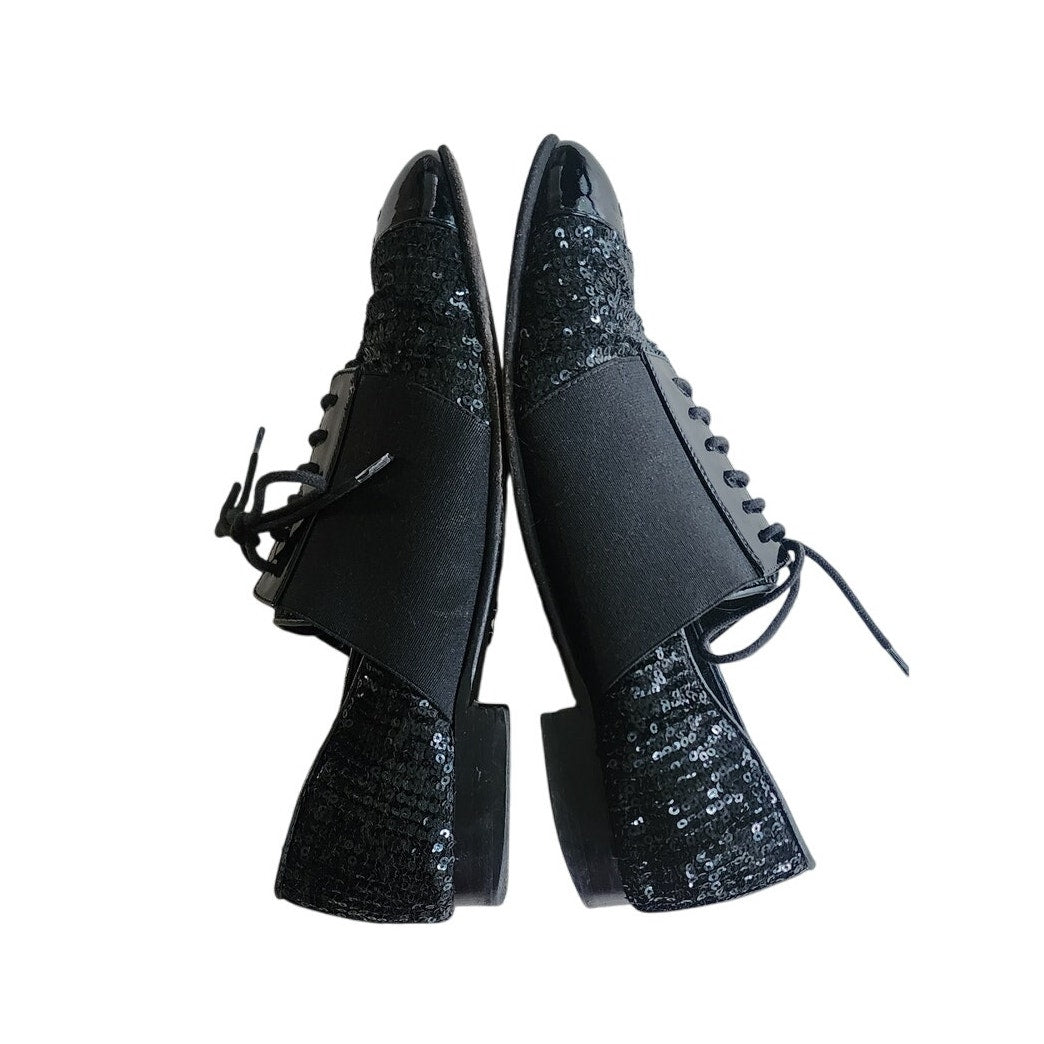 CHANEL Lace Up Shoes Loafers Black Patent Leather & Sequins 38 1/2
