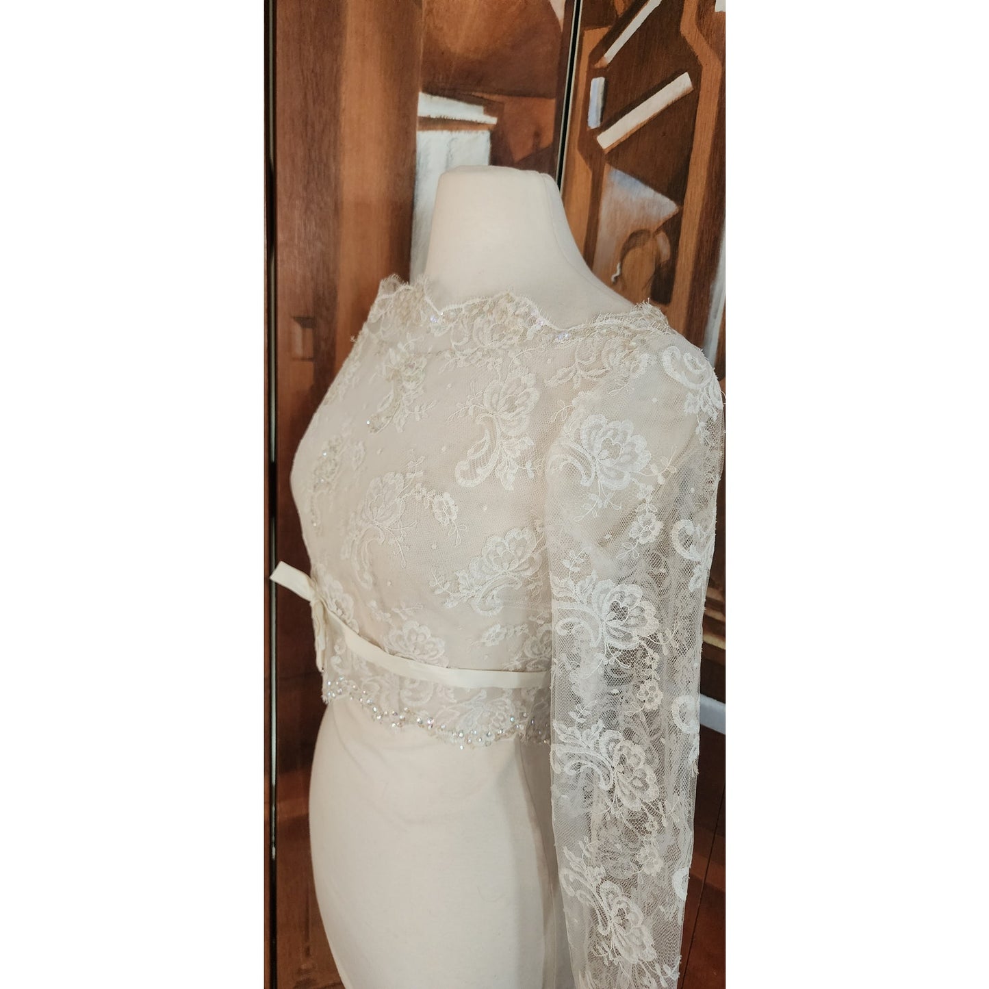 Vintage 50s Bridal Top Jacket Sheer White Lace & Sequins Long Sleeved