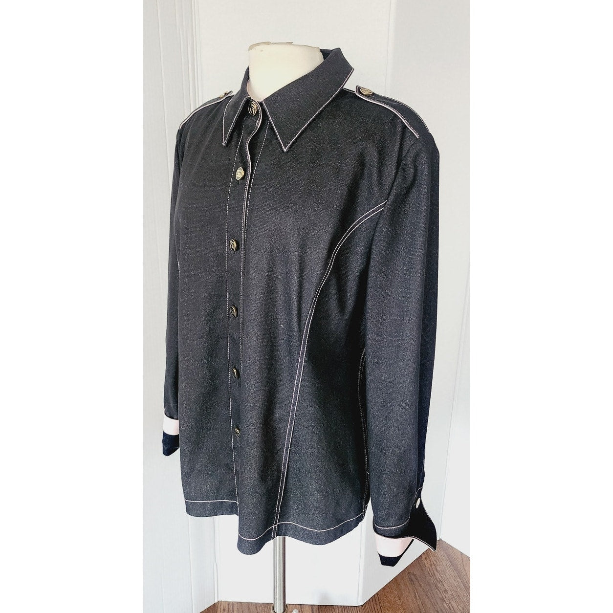 St John Sport Jacket Black Denim Button Down / Large