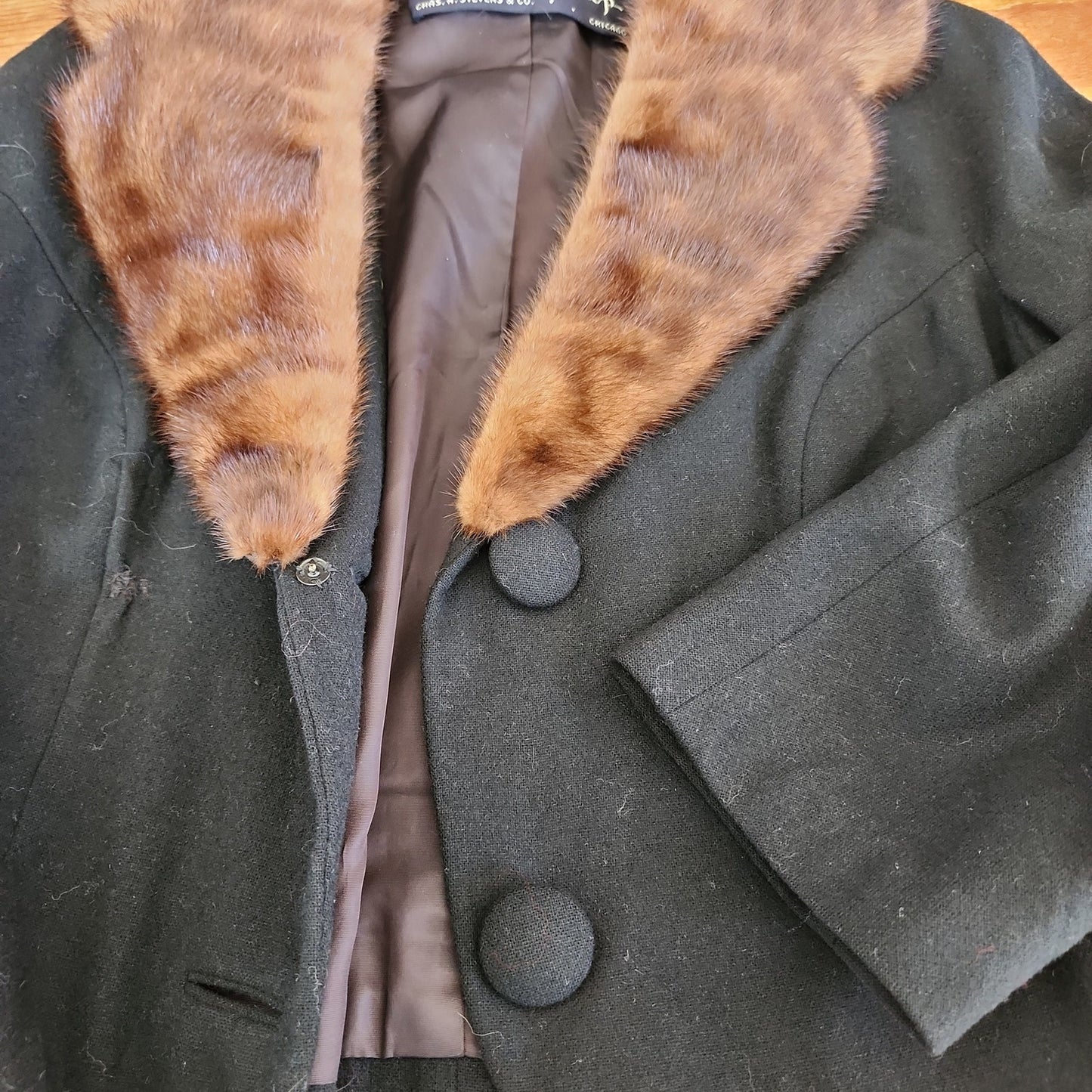 Vintage 50s Black Wool Blazer Brown Mink Fur Collar