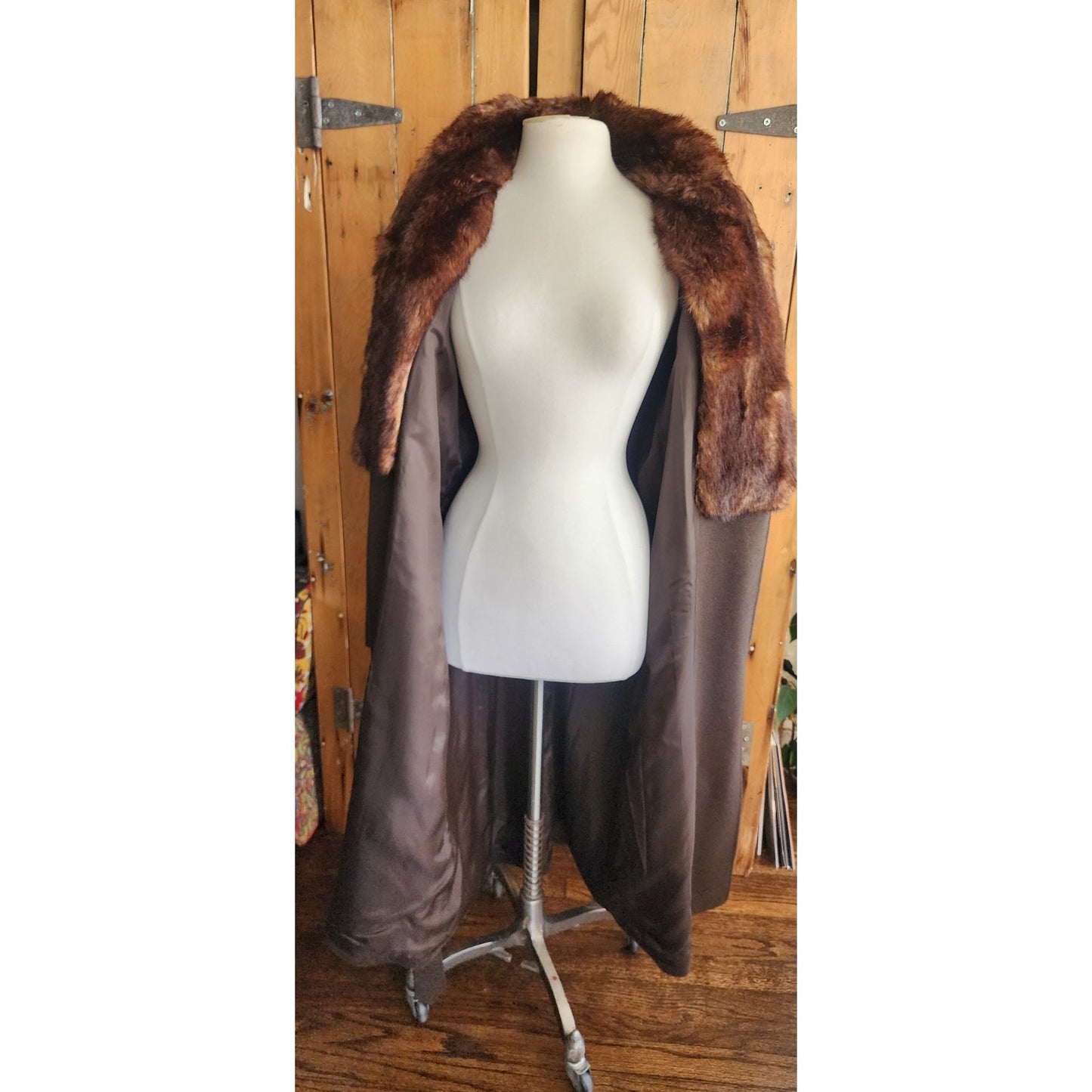90s Brown Wool Coat Faux Fur Collar Ralph Lauren