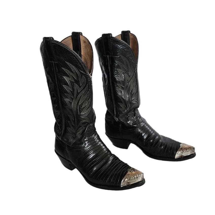 Vintage Ladies Cowboy Boots Tacco Black Tooled Leather Silver Etched Toes Snakeskin