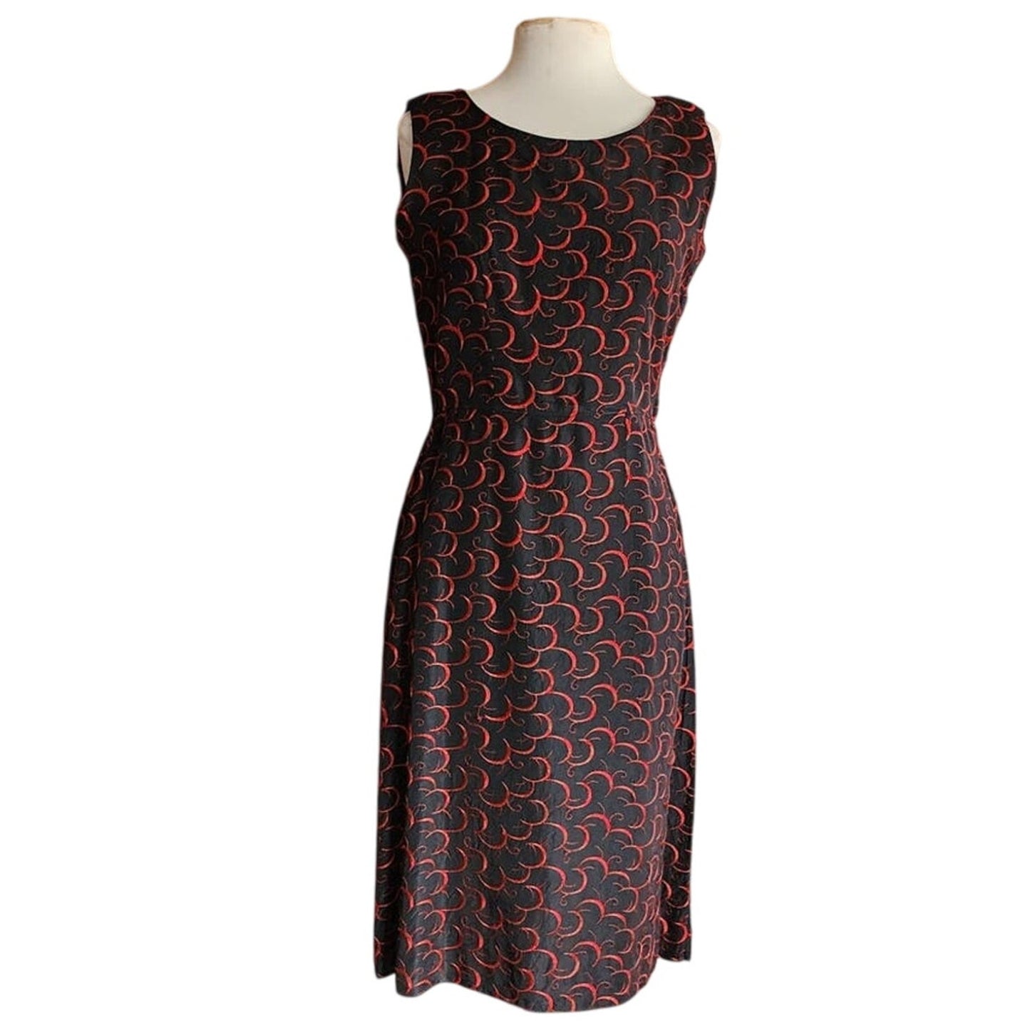 Vintage 1960s Embroidered Dress Red on Black Crescent Moon / Medium