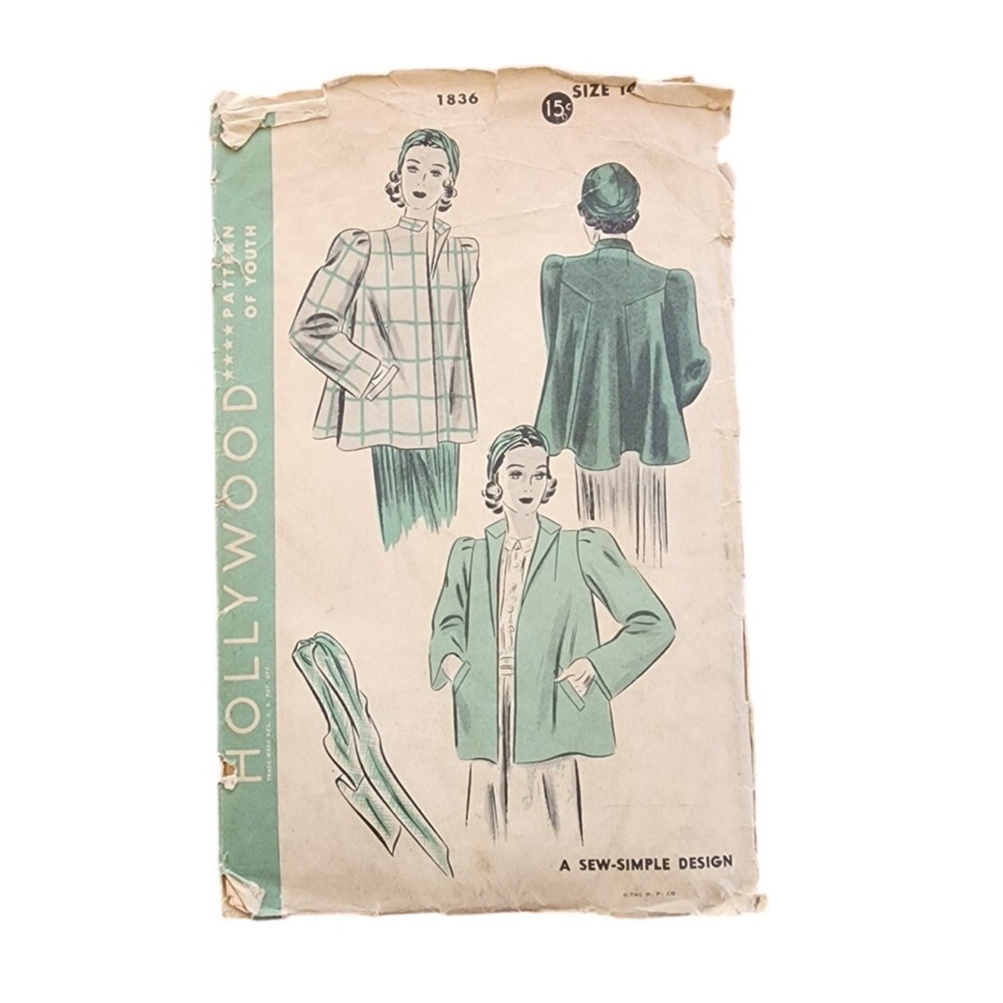 Vintage 40s Sewing Pattern ORIGINAL: Swing Coat + Turban Hollywood 1836 Bust 32