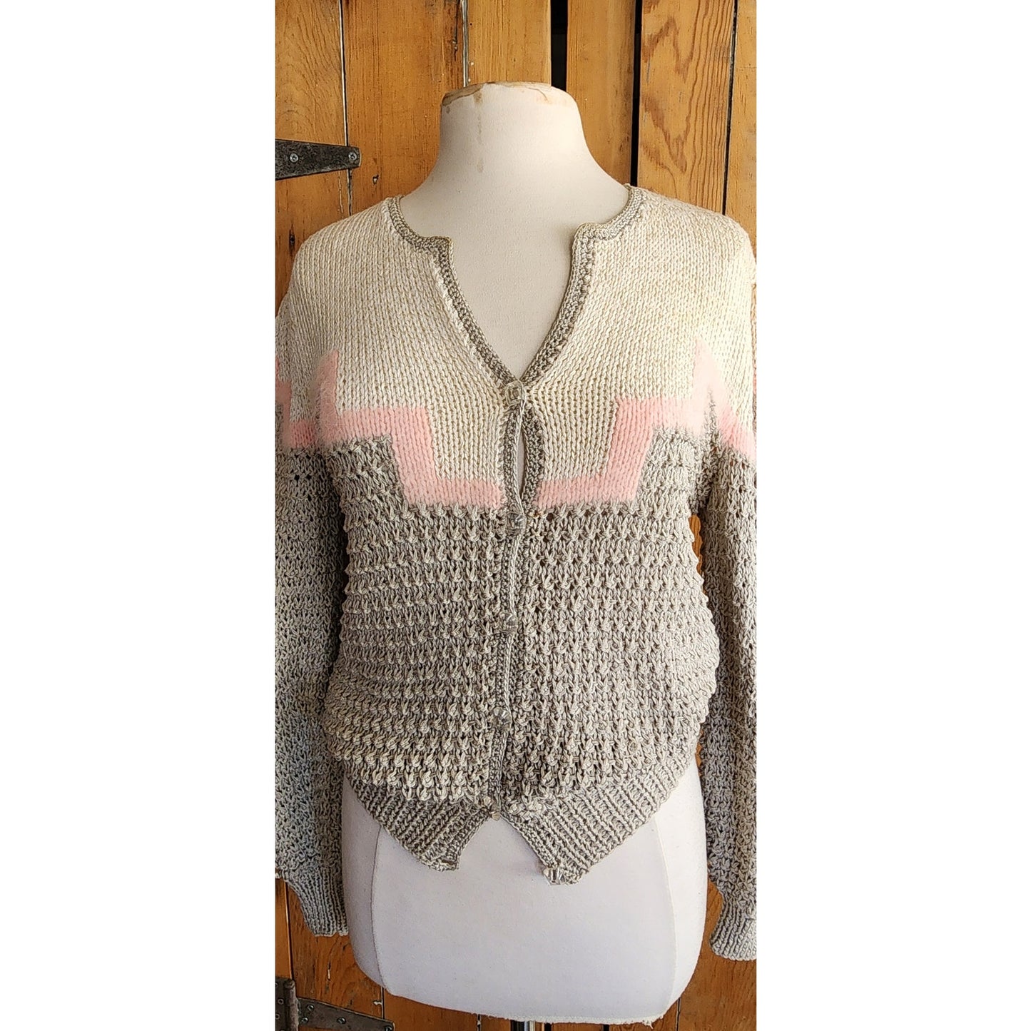 Vintage 80s Sweater Gray Pink Handknit Cardigan Acrylic Angora by Signatures