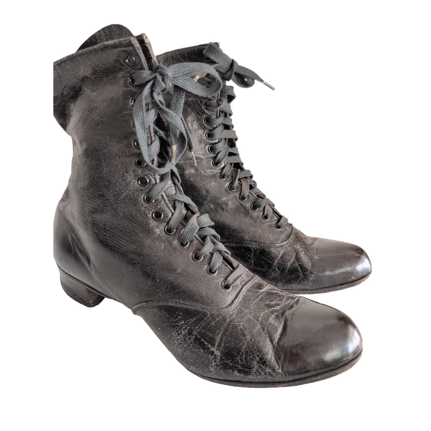 Antique Lace Up Ankle Boots Black Leather Edwardian / 6.5